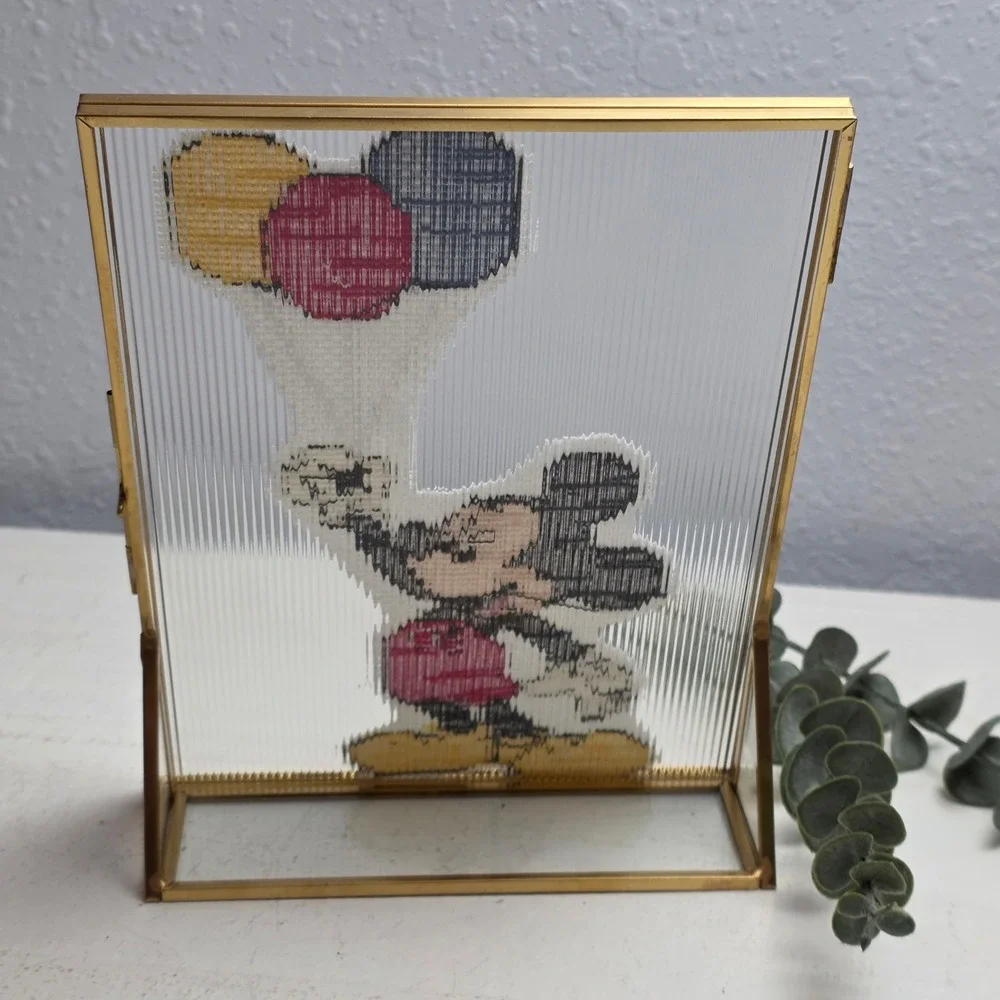 Vintage Mickey Mouse Cross Stitch Picture Gold Frame Holding Balloon Glass Decor